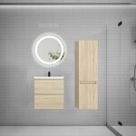 Aica ensemble meuble vasque l. 50cm 2 tiroirs + lavabo + led miroir rond 60cm + colonne ch�ne easy
