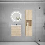 Aica ensemble meuble vasque l. 50cm 2 tiroirs + lavabo + led miroir rond 60cm + colonne, ch�ne, easy