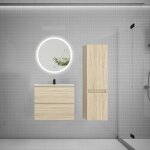 Aica ensemble meuble vasque l. 60cm 2 tiroirs + lavabo + led miroir rond 60cm + colonne c ch�ne