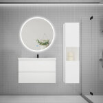 Aica ensemble meuble vasque l. 79cm 2 tiroirs + lavabo + led miroir rond 90cm + colonne, blanc