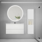 Aica ensemble meuble vasque l. 99cm 2 tiroirs + lavabo + led miroir rond 100cm + colonne, blanc