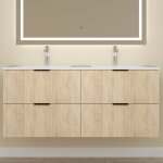 Aica meuble de salle de bain suspendu 120 cm ch�ne avec 4 tiroirs + vasque double en c�ramique