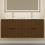 Aica meuble de salle de bain suspendu 120 cm noyer avec 4 tiroirs + vasque double en c�ramique