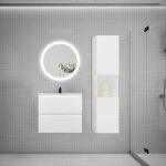 Aica sanitaire - ensemble meuble vasque l 60cm 2 tiroirs + lavabo + led miroir rond 60cm + colonne blanc ...