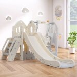 Aire de jeux pour enfants 5 en 1, avec toboggan, escalade, espace de rangement, balanoire, support de ...