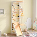 Aire de jeux multifonction 6 en 1, mur d'escalade 199 cm, aspect bois, avec toboggan, balan�oire, �chelle, ...
