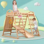 Aire de jeux, portique et balan�oire 7 en 1 en bois massif - balan�oire, toboggan, �chelle et filet de ...