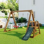 Aire de jeux, portique et balan�oire double robuste en bois massif - 2 balan�oires - 1 toboggan - 1 �chelle ...