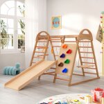 Hauss spole - aire de jeux portique enfant en bois 7 en 1 - 134  120  120 cm, avec balanoire et toboggan, ...