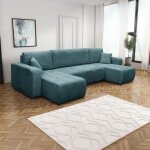 Mobilier deco - alicia - canap� panoramique convertible avec coffre en velours c�tel� bleu