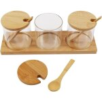 Alovez - lot de 3 bocaux en verre transparent avec couvercle en bambou naturel, cuillère et support en ... Alovez - lot de 3 bocaux en verre transparent avec couvercle en bambou naturel, cuillère et support en ...
