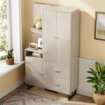Armoire 110x38x186cm design entree panneaux rembourres mdf pieds en fer beige et gris