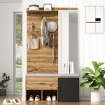 Armoire de 190 cm de hauteur aspect bois avec miroir, banc  chaussures (104 x 39 cm) avec rembourrage, ...