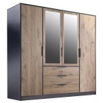 Vente - unique - armoire 4 portes et 3 tiroirs - avec miroirs - l196 cm - coloris : naturel et noir - ...