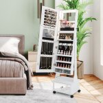 Armoire � bijoux sur pied, 4 roues verrouillables, miroir pleine longueur, led, tiroir avec serrure, ...