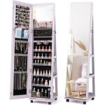 Armoire  bijoux sur pieds mobile avec miroir psych sans cadre, lumires led et miroir de maquillage ...