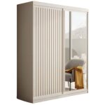 Armoire coulissante bizen avec lames dcor bois et miroir ? moderne et chaleureux 160 cm - blanc / beige ...