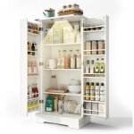 Buffet de cuisine blanc, meuble de rangement, garde - manger � led avec 2 portes battantes et �tag�res ...