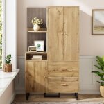 Armoire d'entre en bois 110x38x186 cm, meubles d'entre avec etagre, 3 portes 2 tiroirs et penderie, ...