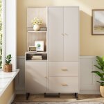 Armoire d'entre gris - beige 110x38x186 cm, meubles d'entre avec etagre, 3 portes 2 tiroirs et penderie, ...