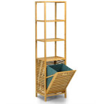 Armoire haute de salle de bain avec panier a linge en bambou avec etageres ideale pour salle de bain ...