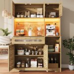 Armoire haute pour salon, buffet de cuisine, vitrine avec led, porte tiss�e en mdf, meuble de rangement ...
