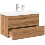Vidaxl ? meuble lave - mains 80x38, 5cm en bois d'ing�nierie ch�ne artisanal ? vasque c�ramique blanche ...