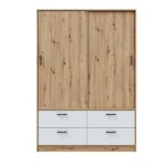 Armoire, meuble de rangement avec 2 portes et 4 tiroirs coloris blanc artic, ch�ne nordique - hauteur ...