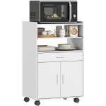 Armoire � micro - ondes, meuble de cuisine avec �tag�res, portes doubles et roulettes, blanc