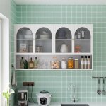 Armoire murale 120 cm, armoire de cuisine, avec 4 portes vitres, cloisons ouvertes, capacit de charge ...