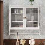 Armoire murale 63x18x60 cm, meuble de cuisine, avec 2 portes vitr�es, �tag�re de rangement 3 niveaux, ...