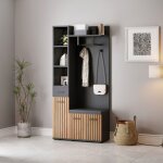 Armoire naturel avec 2 patres, meuble d'entre, porte - manteau et banc  chaussures, coloris noir et ...