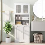 Armoire de rangement haute, meuble rangement de salle de bain avec portes en verre tremp�, etag�res r�glables, ...
