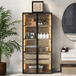 Armoire rangement salle de bain moyenne, 2 grands tiroirs + 4 �tag�res + 2 porte en verre + baguette ...