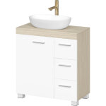 Armoire de salle de bain, meuble sous lavabo avec pieds, 2 compartiments et 3 tiroirs, blanc et beige ...