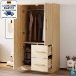 Armoire avec tringle � v�tements, meuble haut d'entr�e chambre, meuble de rangement, 2 portes 2 tiroirs, ...