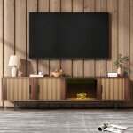 Armoire tv, lowboard avec texture sculpt�e, meuble tv avec bande lumineuse led et porte en verre tremp�, ...