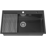 Vier 1 bac 75x45x19cm en inox vier cuisine gris - noir avec gouttoir pliable et systme de drainag, ...