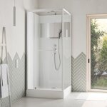 Aurlane - cabine de douche carr�e 90x90cm porte pivotante - blanche - bande effet miroir - square stripe ...