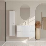 Aurlane - meuble et colonne de salle de bains leon 80cm blanc neige - fa�ades ondul�es - vasque blanche ...