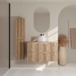 Meuble et colonne de salle de bains leon 80cm d�cor bois - fa�ade ondul�e - vasque ronde 36cm