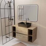 Aurlane - meuble salle de bains 100 timber d�cor ch�ne 2 tiroirs vasque noire rectangulaire miroir led ...