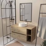 Aurlane - meuble salle de bains 100 timber d�cor ch�ne tiroirs + niches - vasque blanche - miroir bords ...