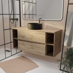 Aurlane - meuble de salle de bains 120 cm timber - décor chêne, 2 tiroirs, vasque noire à poser Aurlane - meuble de salle de bains 120 cm timber - décor chêne, 2 tiroirs, vasque noire à poser