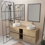 Aurlane - meuble salle de bains 140 timber d�cor ch�ne 4 tiroirs et module 2 vasques blanches 2 miroirs ...