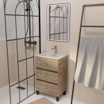 Aurlane - meuble de salle de bains 50cm timber - 3 tiroirs d�cor ch�ne, vasque blanche et miroir led ...