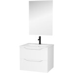Meuble salle de bain 60cm suspendu 2 tiroirs blanc laque poignees integrees vasque et miroir - mila Meuble salle de bain 60cm suspendu 2 tiroirs blanc laque poignees integrees vasque et miroir - mila