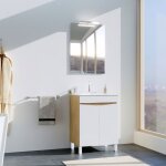 Aurlane - meuble de salle de bains 60cm 2 portes bois et blanc + vasque céramique blanche - key Aurlane - meuble de salle de bains 60cm 2 portes bois et blanc + vasque céramique blanche - key
