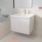 Meuble de salle de bains 60cm a suspendre blanc - 2 portes - vasque blanche - elementary