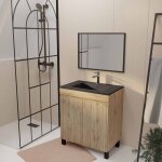 Aurlane - meuble de salle de bains 70cm timber dcor chne naturel  portes vasque noire et miroir 70x50 ...